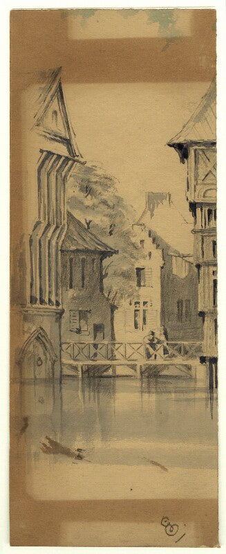 Sketch of a town with a figure on a bridge npg d23214