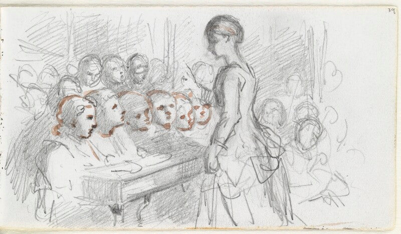 Sketch of an unknown woman and 14 children, probably a teacher and pupils npg d23146(39)