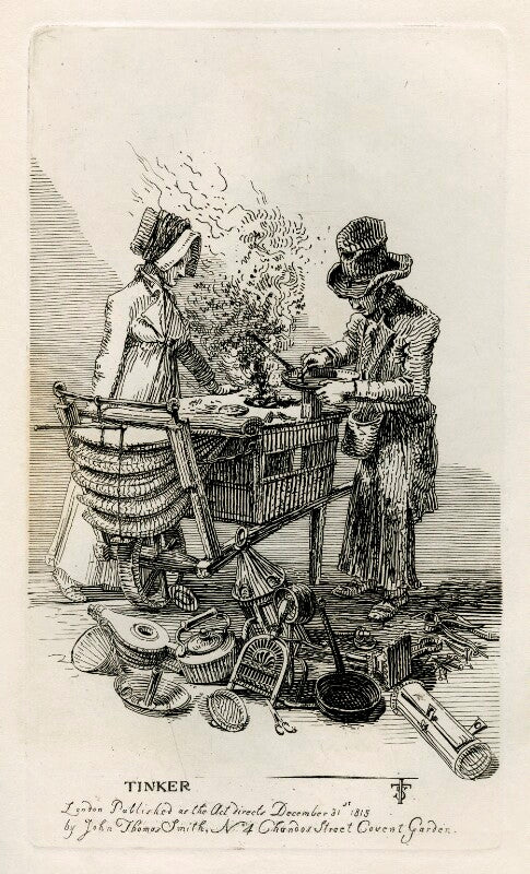 Two unknown sitters mending pans ('tinker') npg d40088