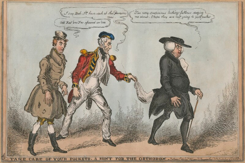 'take care of your pockets. a hint for the orthodox' (sir robert peel, 2nd bt; arthur wellesley, 1st duke of wellington) npg d48777
