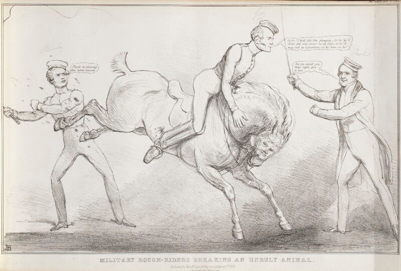 Military rough riders breaking an unruly animal npg d41181