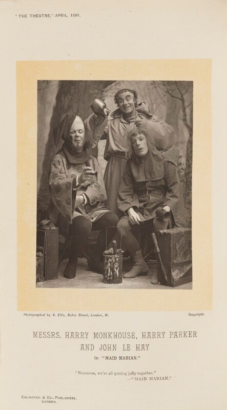 Harry monkhouse as sir tristram testy; harry parker as friar tuck; john le hay as sir guy of gisborne in 'maid marian' npg ax28820