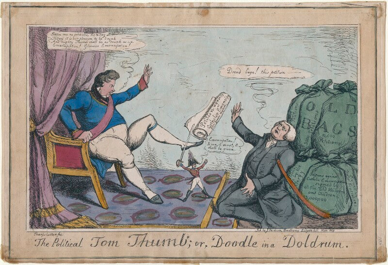 'the political tom thumb; or, doodle in a doldrum' (king george iv; arthur wellesley, 1st duke of wellington; john scott, 1st earl of eldon) npg d48730
