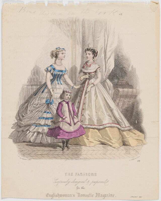 'the fashions', january 1867. ball toilet for a young lady, evening or dinner toilet and costume for a little girl seven years old npg d48021