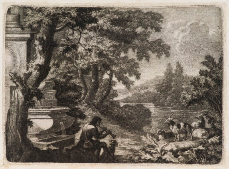 Shepherd piping by a fountain npg d11794