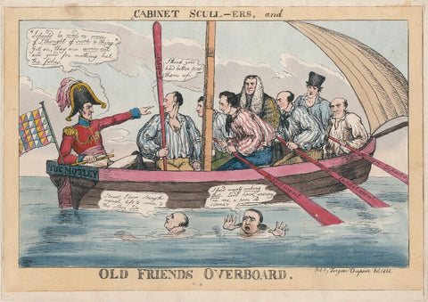 'Cabinet Scull-ers, and Old Friends Overboard' (includes Arthur Wellesley, 1st Earl of Wellington; Henry Goulburn; Sir Robert Peel, 2nd Bt; John Singleton Copley, Baron Lyndhurst; William Huskisson; Edward Law, 1st Baron Ellenborough; John William Wa...) NPG D48707