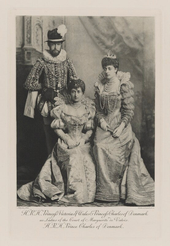 Haakon vii, king of norway when prince charles of denmark with maud, queen of norway when princess charles of denmark and princess victoria of wales as ladies of the court of marguerite de valois npg ax41007