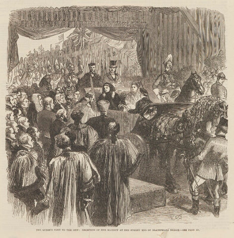 'The Queen's visit to the City: Reception of Her Majesty at the Surrey end of Blackfriars Bridge' (including Queen Victoria; Prince Leopold, Duke of Albany; Princess Beatrice of Battenberg; and John Brown) NPG D48330