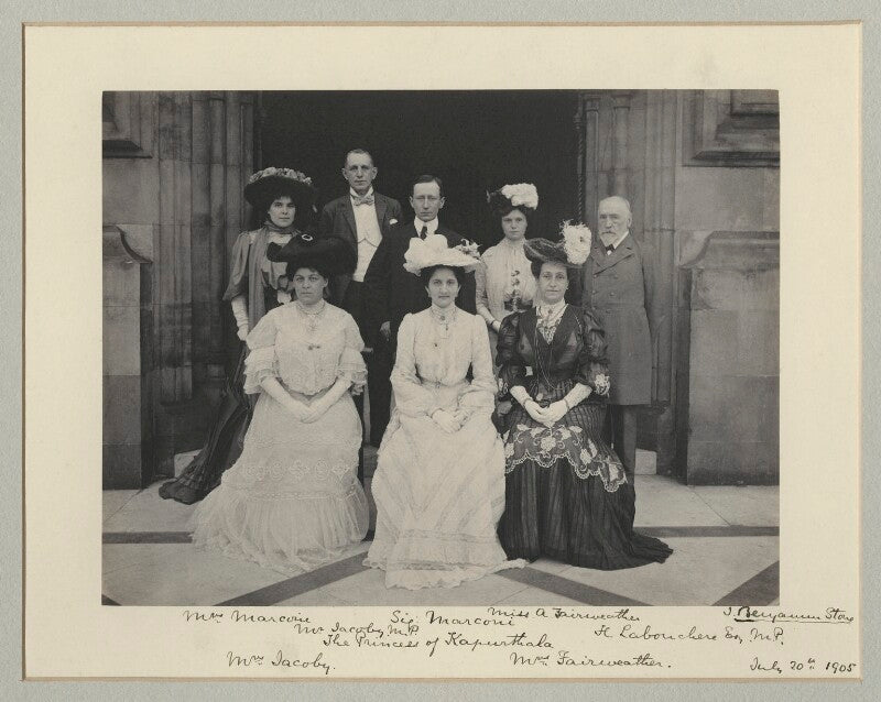Group photo at houses of parliament including mr and mrs marconi, sir and lady jacoby and maharani of kapurthala. npg x75719