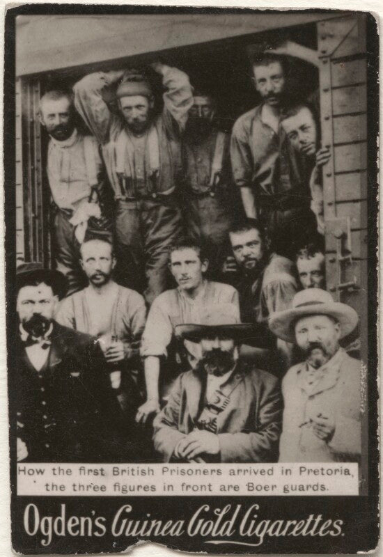 'how the first british prisoners arrived in pretoria, the three figures in front are boer guards' npg x196286