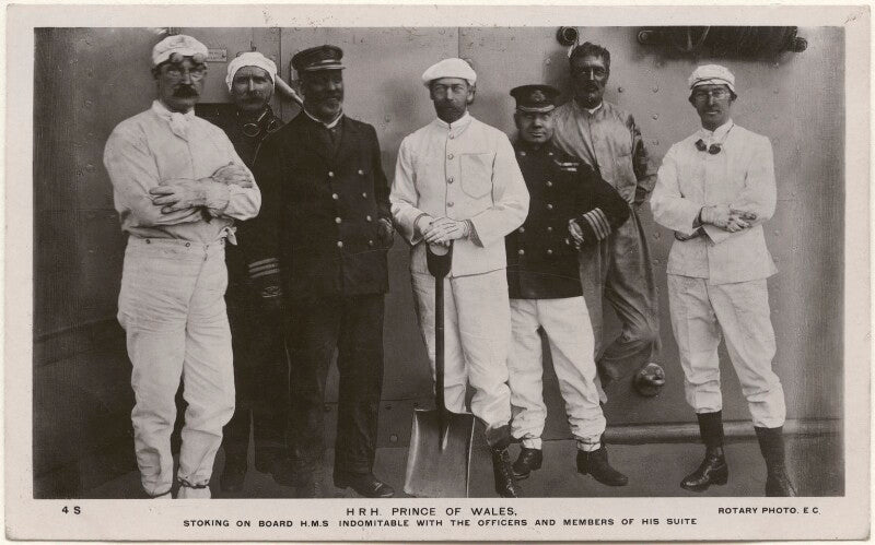 'h.r.h. prince of wales stoking on board h.m.s. indomitable with the officers and members of his suite' (including king george v) npg x193083