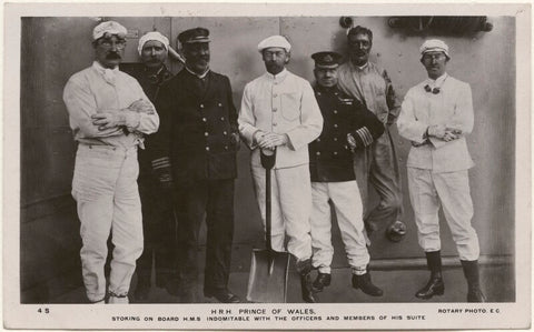 'H.R.H. Prince of Wales stoking on board H.M.S. Indomitable with the officers and members of his suite' (including King George V) NPG x193083