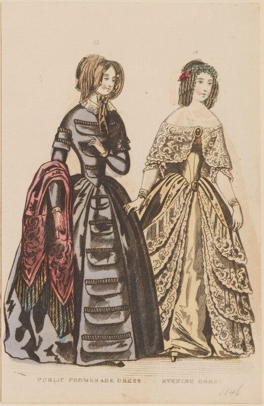 'public promenade dress. evening dress', december 1845 npg d47954