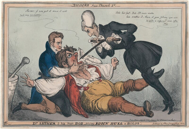 'dr arther & his man bob giving john bull a bolus' (sir robert peel, 2nd bt; john bull; arthur wellesley, 1st duke of wellington) npg d48751