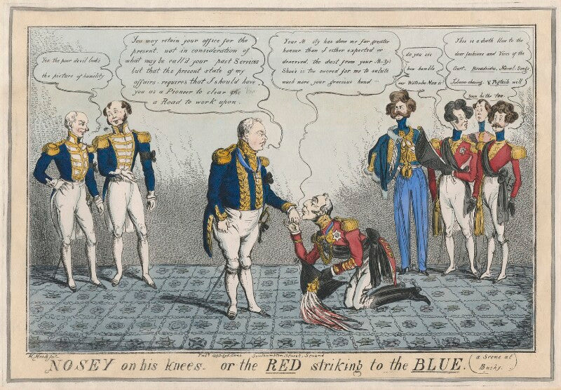 Nosey on his knees, or the red striking to the blue npg d48821