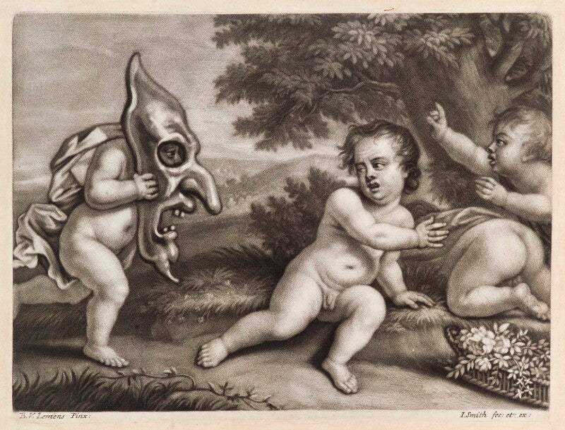 Putto with giant mask frightening three others npg d11786