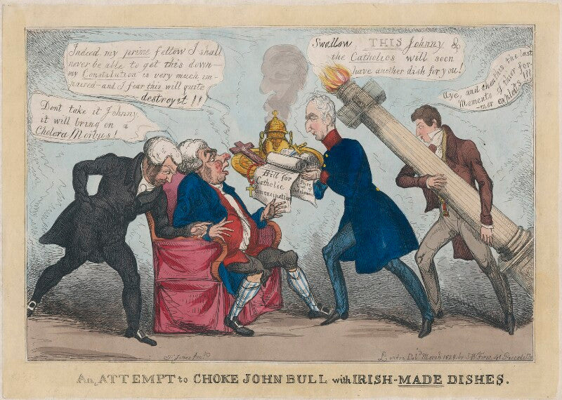 'an attempt to choke john bull with irish made dishes.' npg d48739