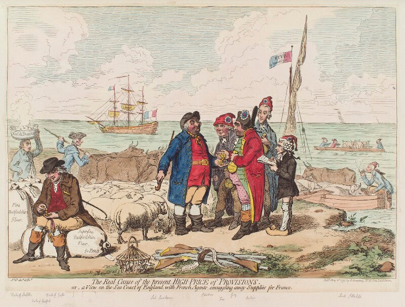 'the real cause of the present high price of provisions, or, a view on the sea coast of england, with french agents, smuggling away supplies for france' npg d12522