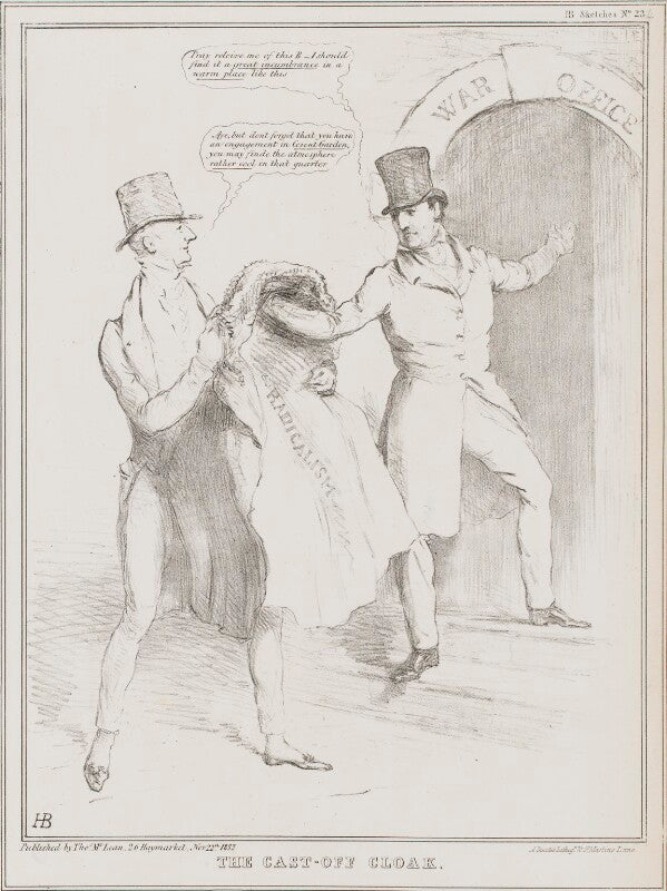 The cast off cloak (sir francis burdett, 5th bt; john cam hobhouse, baron broughton de gyfford) npg d41169