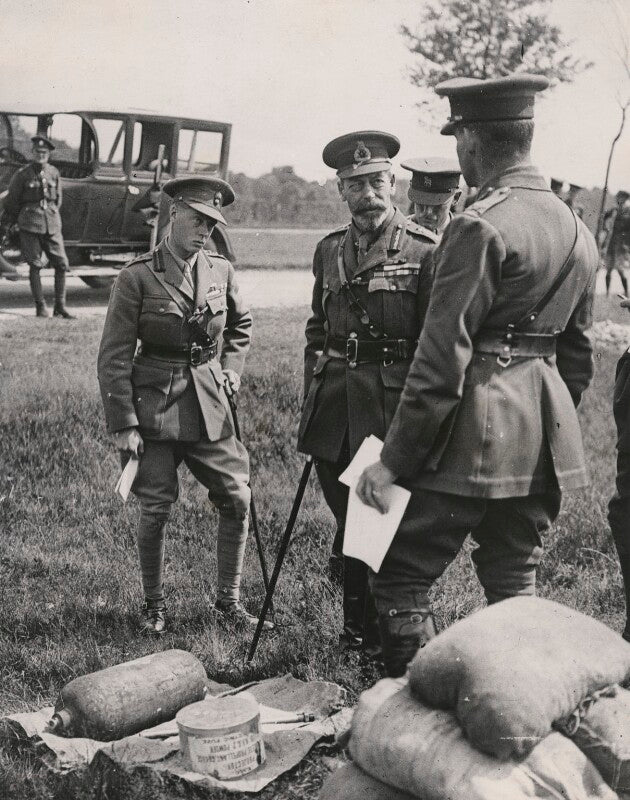 Prince edward, duke of windsor (king edward viii) and king george v examining a gas bomb at gas school, helfaut npg x196068