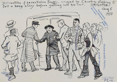 'Dislocation of pedestrian traffic caused by Charlie stopping to tell a long story before getting into his car.' Charles Edward Roe and seven unknown sitters NPG D43242