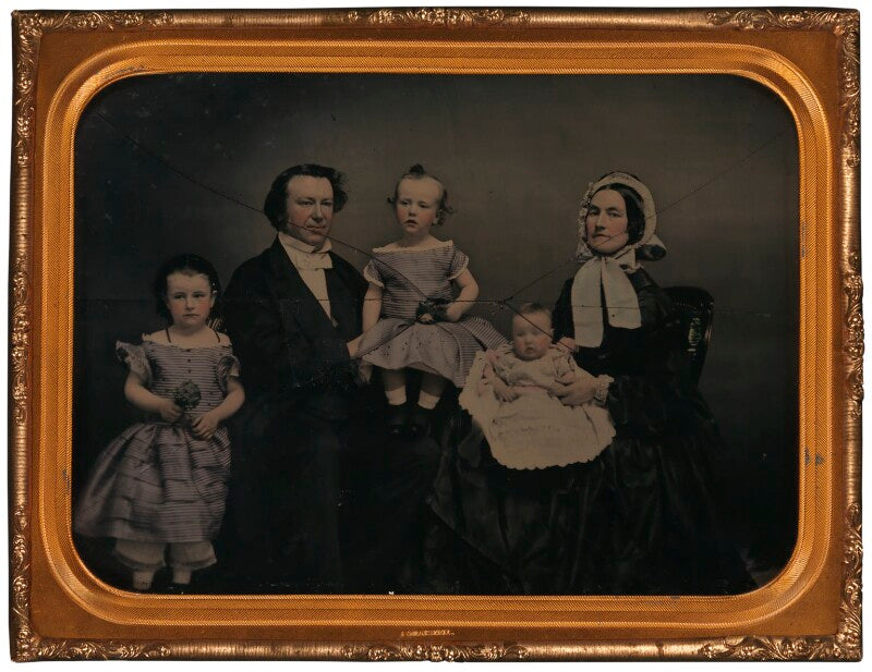 Agnes king (née bright); sir charles tilston bright; sir charles bright; hannah barrick bright (née taylor) and an unknown sitter, possibly mary angela jardine (née bright) or (annie) beatrice bright npg x32702