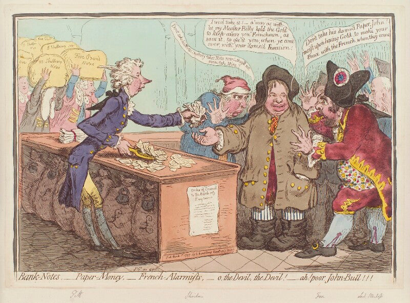 'bank notes,   paper money,   french alarmists,   o, the devil, the devil!   ah! poor john bull!!!' npg d12601