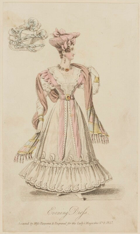 'evening dress invented by miss pierpoint', september 1827 npg d47587