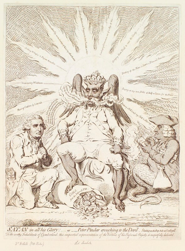 'satan in all his glory;   or   peter pindar crouching to the devil' (john wolcot; james lowther, earl of lonsdale) npg d13077