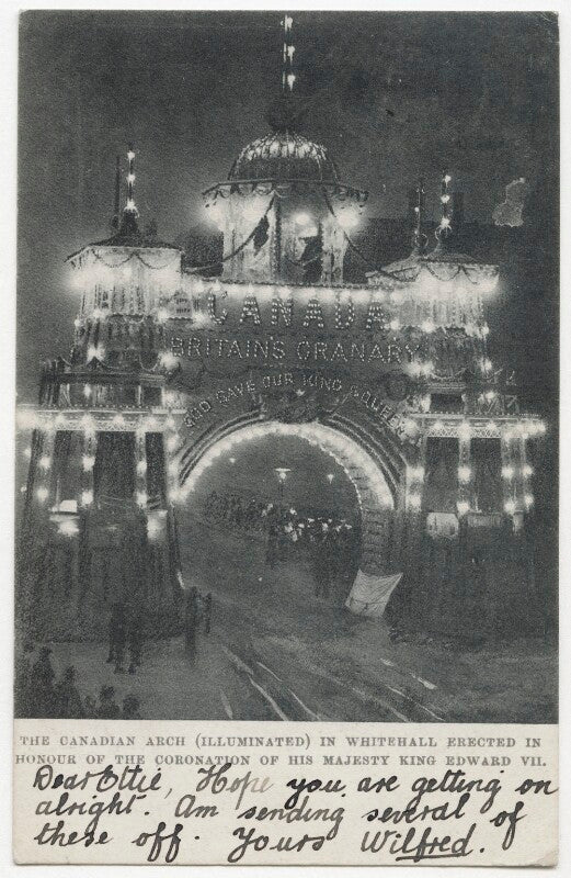 'the canadian arch (illuminated) in whitehall erected in honour of the coronation of his majesty king edward vii' npg x38526