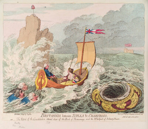 'Britannia between Scylla and Charybdis' (Charles James Fox; Joseph Priestley; Richard Brinsley Sheridan; William Pitt; Britannia) NPG D12475