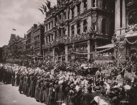 Queen Victoria's Diamond Jubilee Procession in Cheapside - The Royal Carriage passing the Gresham Insurance Co's offices and Christ's Hospital boys cheering the Queen NPG P1700(27)
