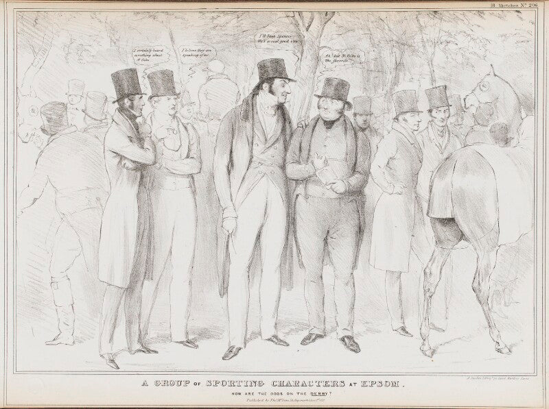 A group of sporting characters at epsom. how are the odds on the derby? npg d41141