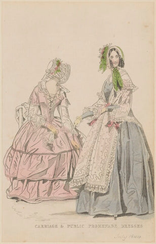 'Carriage and public promenade dresses', June 1844 NPG D47929