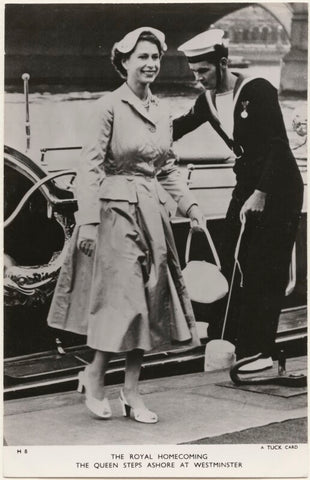'The Royal Homecoming, The Queen steps ashore at Westminster' (Queen Elizabeth II and an unknown naval officer) NPG x193051