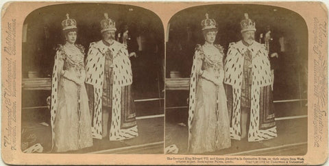 'The Crowned King Edward VII and Queen Alexandra in Coronation Robes, on their return from Westminster Abbey, Buckingham Palace, London' NPG x131829