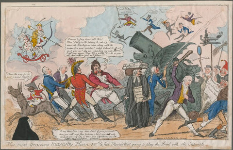 'His Most Gracious Majesty Hum IVth & his Ministers going to play the Devil with the Satirists' (King George III; Robert Stewart, 2nd Marquess of Londonderry (Lord Castlereagh); Robert Banks Jenkinson, 2nd Earl of Liverpool; Arthur Wellesley, 1st Duk...) NPG D48670