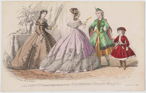 'The Fashions'. Morning dress, ball dress and dress for a fancy-dress ball, February 1863 NPG D48001