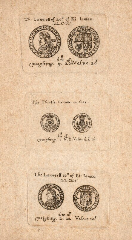 Coins of king james i of england and vi of scotland (laurel, thistle crown and half laurel) npg d18245