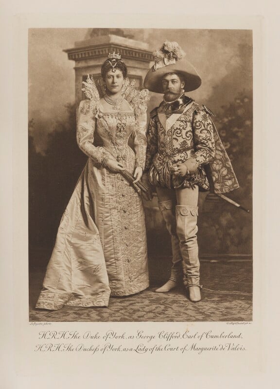 Queen mary when duchess of york as a lady of the court of marguerite de valois and king george v when duke of york as george clifford, earl of cumberland npg ax41005