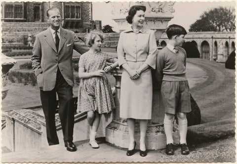'H.M. The Queen with her family in the East Terrace Garden, Windsor Castle' (Prince Philip, Duke of Edinburgh; Princess Anne; Queen Elizabeth II; Prince Charles) NPG x193034