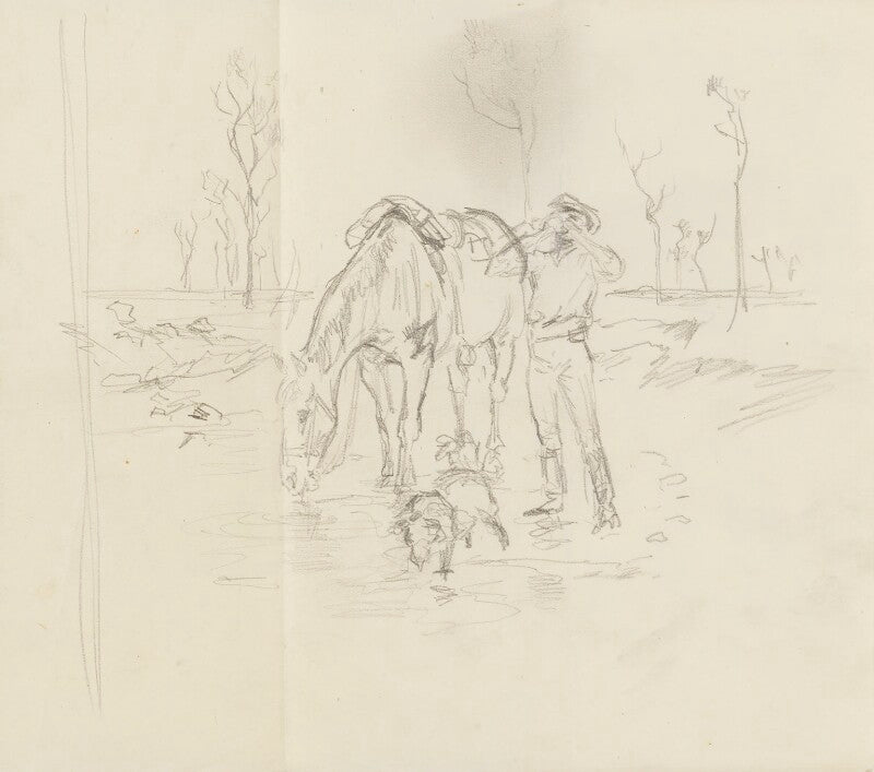 Sketch of a man, horse and dog [?] drinking npg d23134(8a)