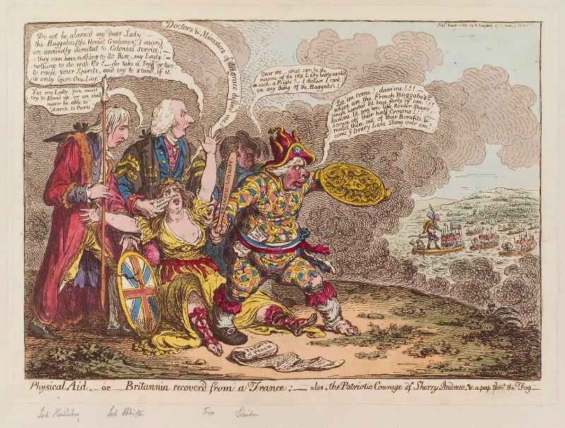 'physical aid,   or   britannia recover'd from a trance;   also, the patriotic courage of sherry andrew; & a peep thro' the fog' npg d12803
