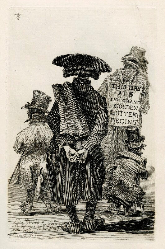 'this day at 5 the grand golden lottery begins' (four unknown men) npg d40080