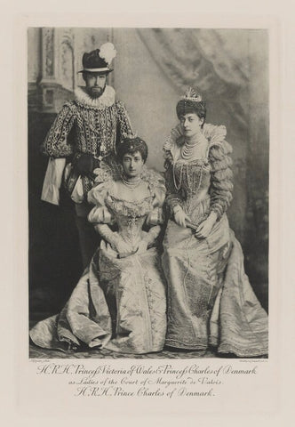 Haakon VII, King of Norway when Prince Charles of Denmark with Maud, Queen of Norway when Princess Charles of Denmark and Princess Victoria of Wales as Ladies of the Court of Marguerite de Valois NPG Ax41007