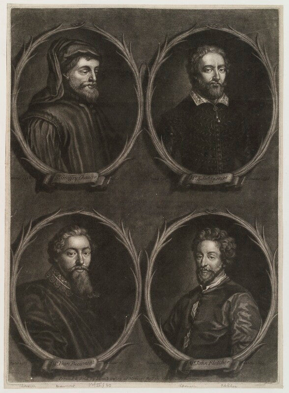 'worthies of britain' (edmund spenser; geoffrey chaucer; john fletcher; francis beaumont) npg d20292