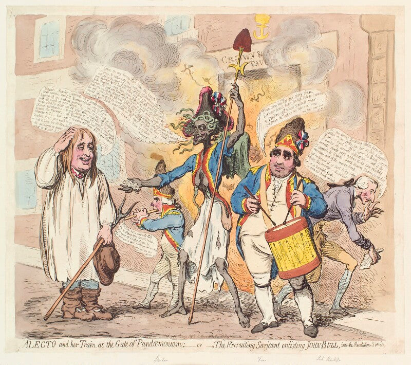 'alecto and her train, at the gate of pandæmonium:   or   the recruiting sarjeant enlisting john bull, into the revolution service' npg d13073
