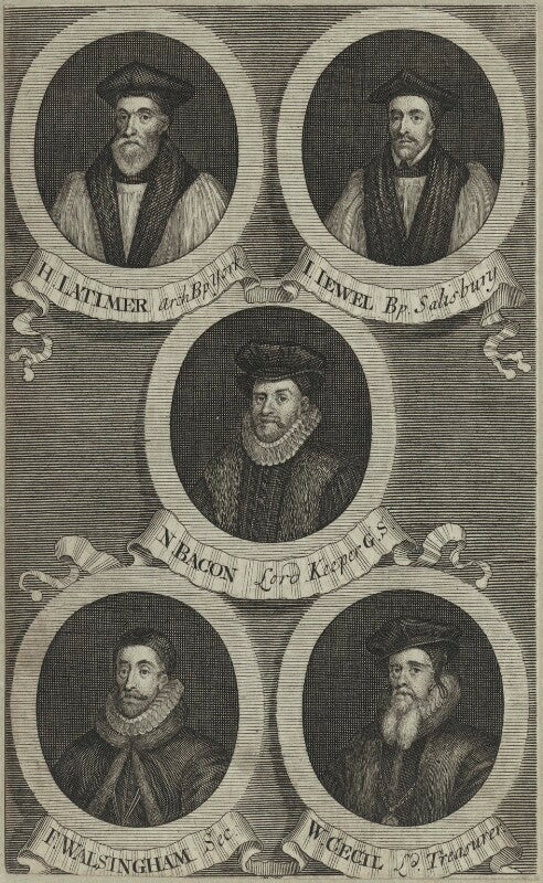 Hugh latimer, john jewl, sir nicholas bacon, sir francis walsingham, william cecil npg d25216