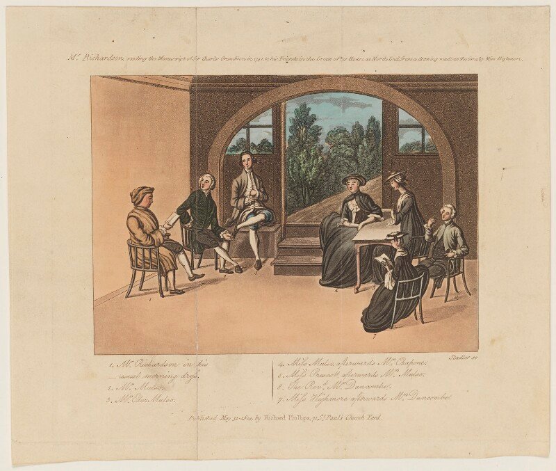 'mr richardson, reading the manuscript of sir charles grandison in 1751, to his friends in the grotto of his house at north end, from a drawing made at the time by miss hghmore.' npg d5810