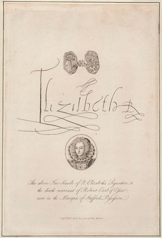 facsimile of signature of Queen Elizabeth I (incorporates facsimile of metal pattern in BM and a false portrait) NPG D13223
